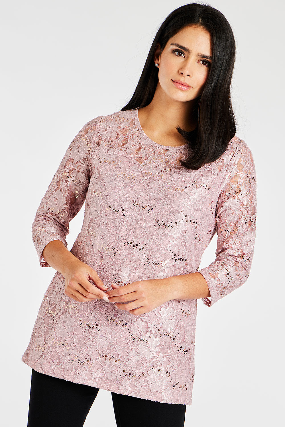 Bonmarche Pale Pink 3/4 Sleeve Sequin and Lace Tunic, Size: 10