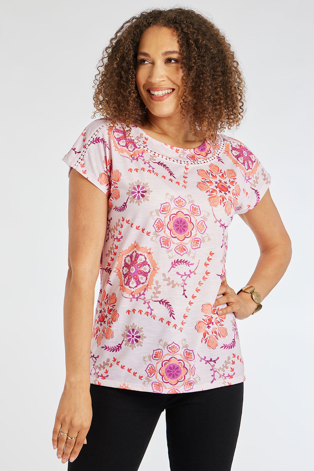 Bonmarche Pale Pink Short Sleeve Patch Paisley Print T-Shirt, Size: 24