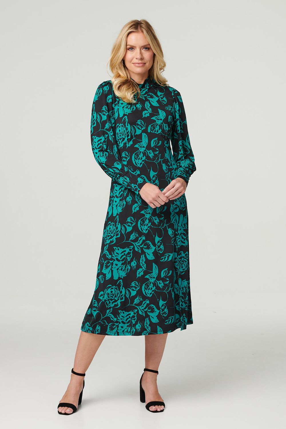 Izabel London Women’s Green and Black Floral Print Long Sleeve High Neck Split Midi Dress, Size: 18