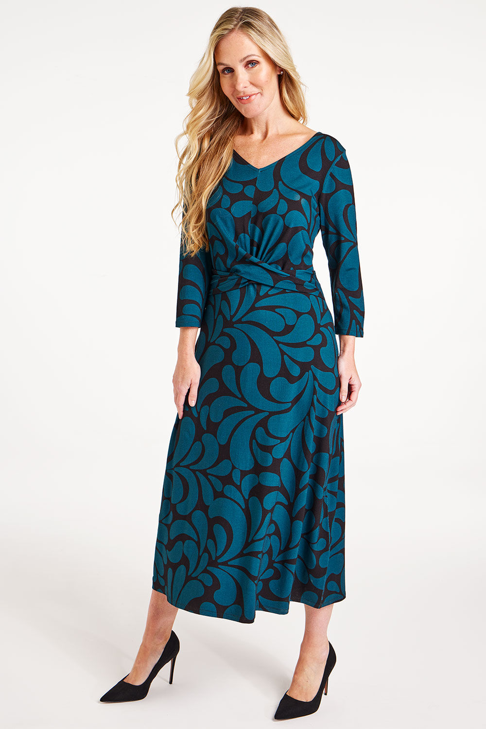 Bonmarche Women’s Green and Black Viscose Swirl Print Twist Front Jersey Dress, Size: 10