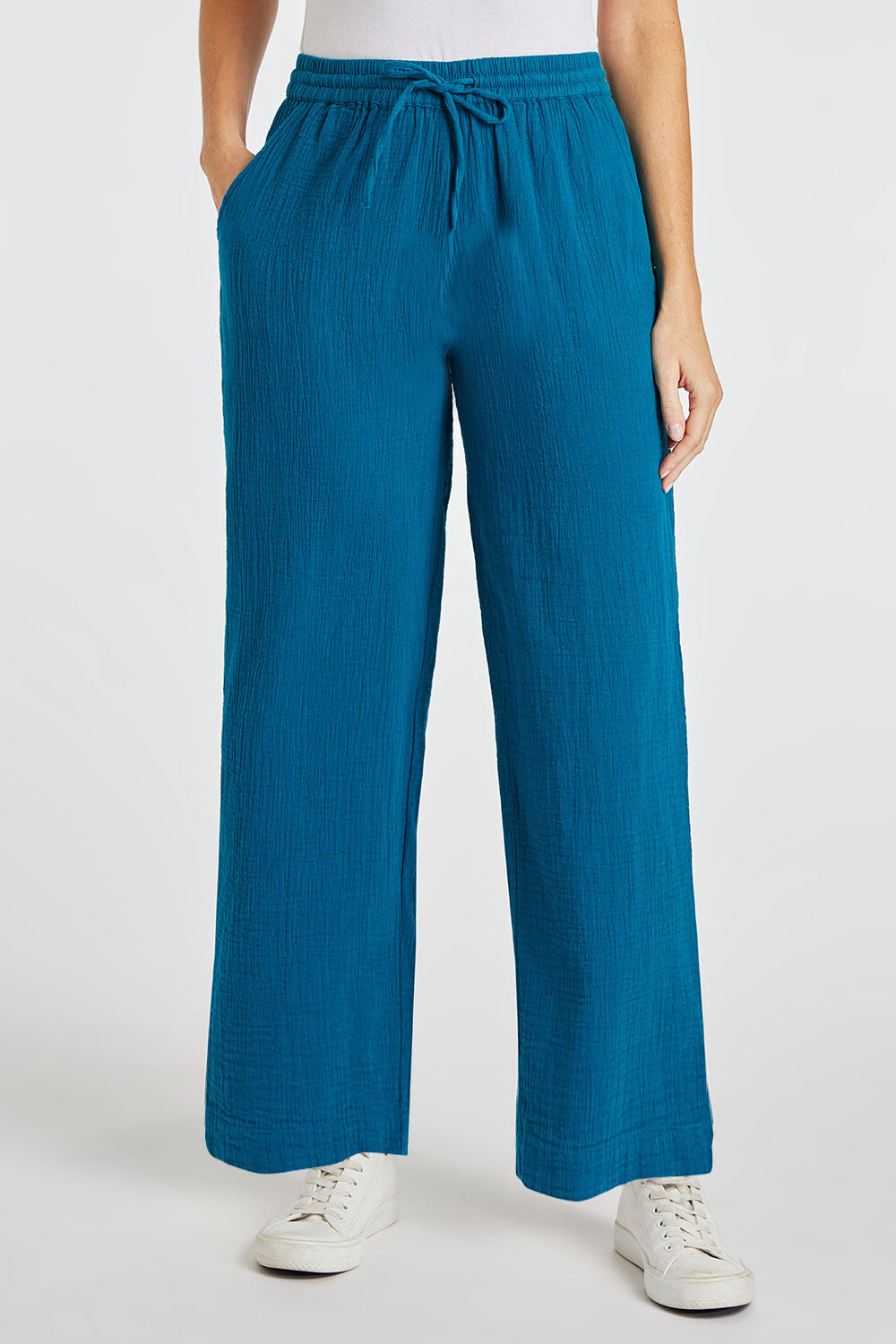 Bonmarche Blue Cotton Tie Waist Trousers With Pockets, Size: 12