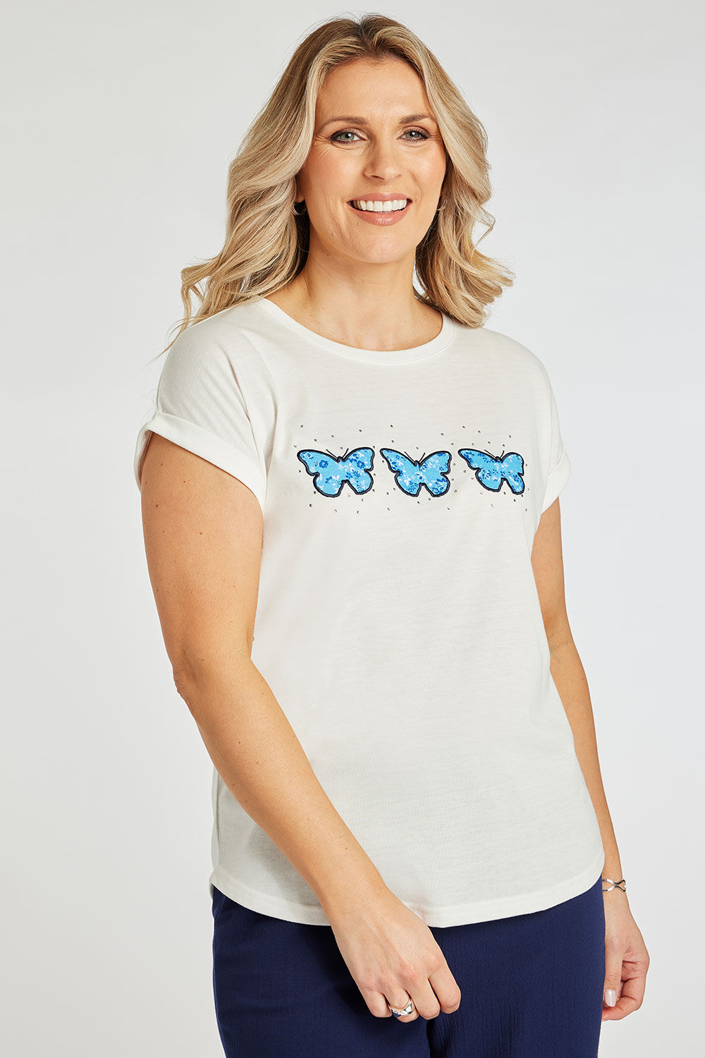 Bonmarche Ivory Short Sleeve Butterfly Design T-Shirt, Size: 18