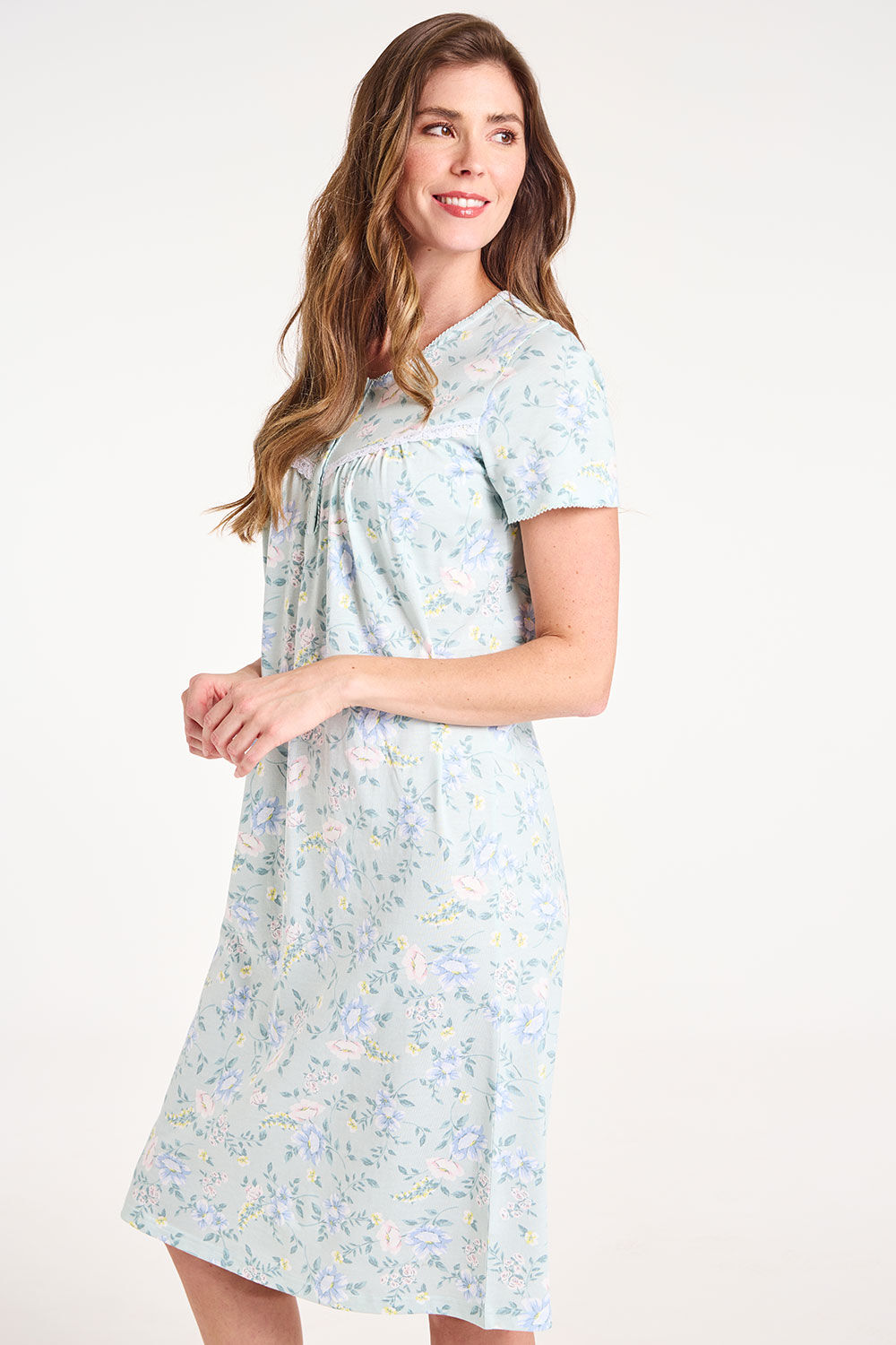 Bonmarche Aqua 100% Cotton Short Sleeve Floral Print Jersey Nightdress, Size: 08-10