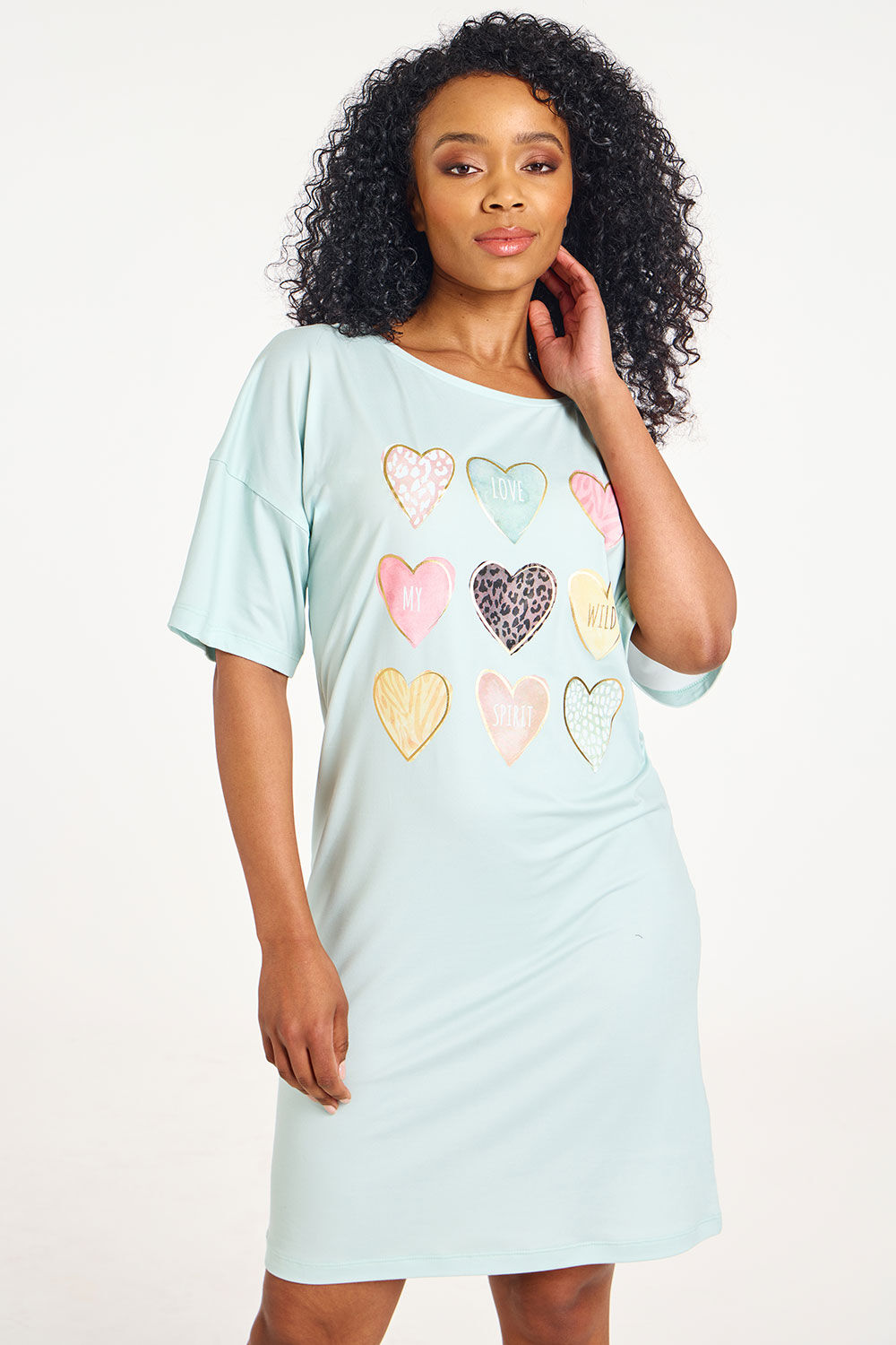 Bonmarche Mint Short Sleeve Heart Foil Print Nightdress, Size: 20-22
