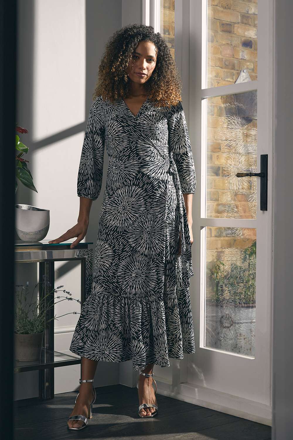 Izabel London Black - Printed 3/4 Sleeve Midi Wrap Dress, Size: 16