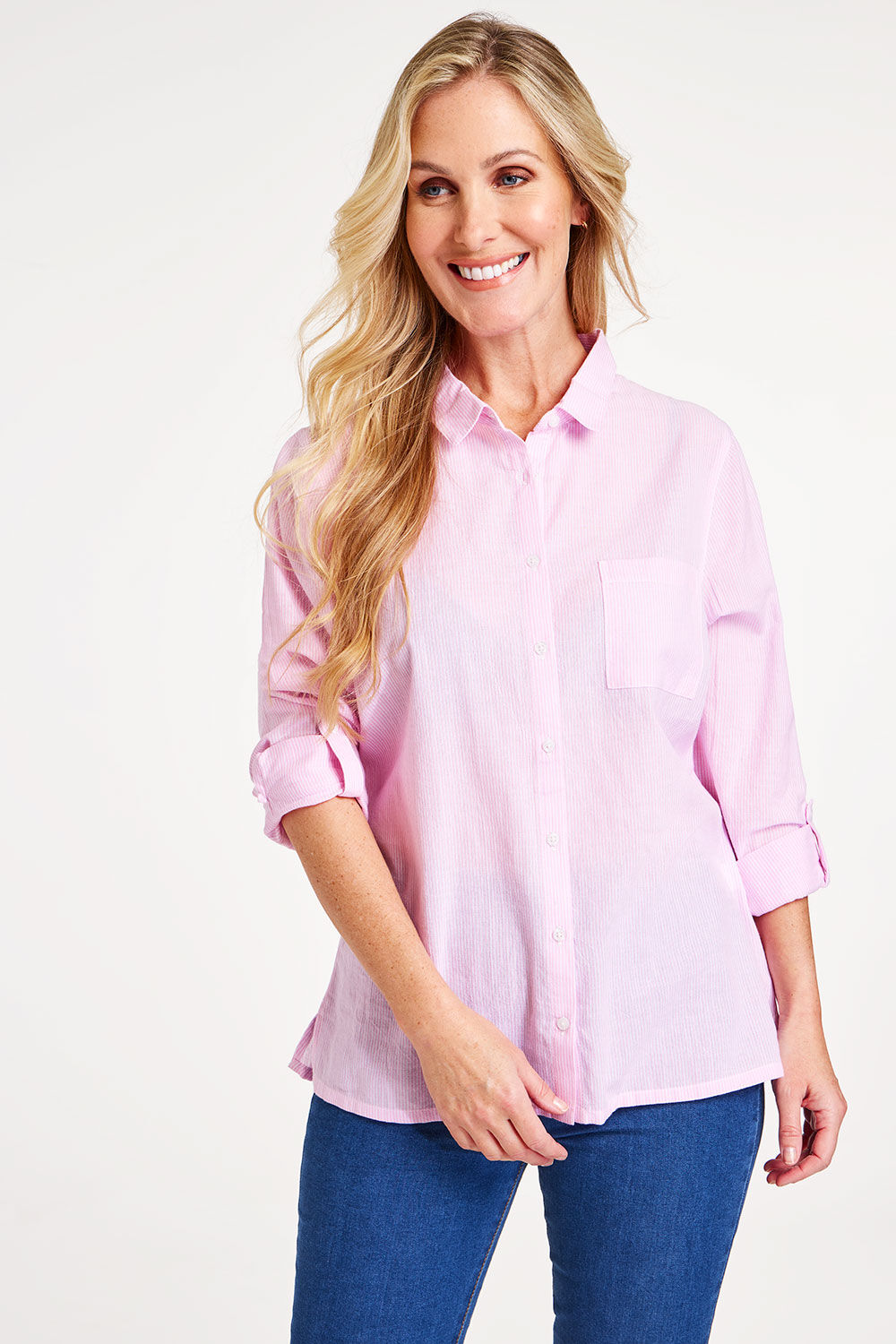 Bonmarche Women’s Pink Cotton Striped Long Sleeve Button Through Shirt, Size: 14