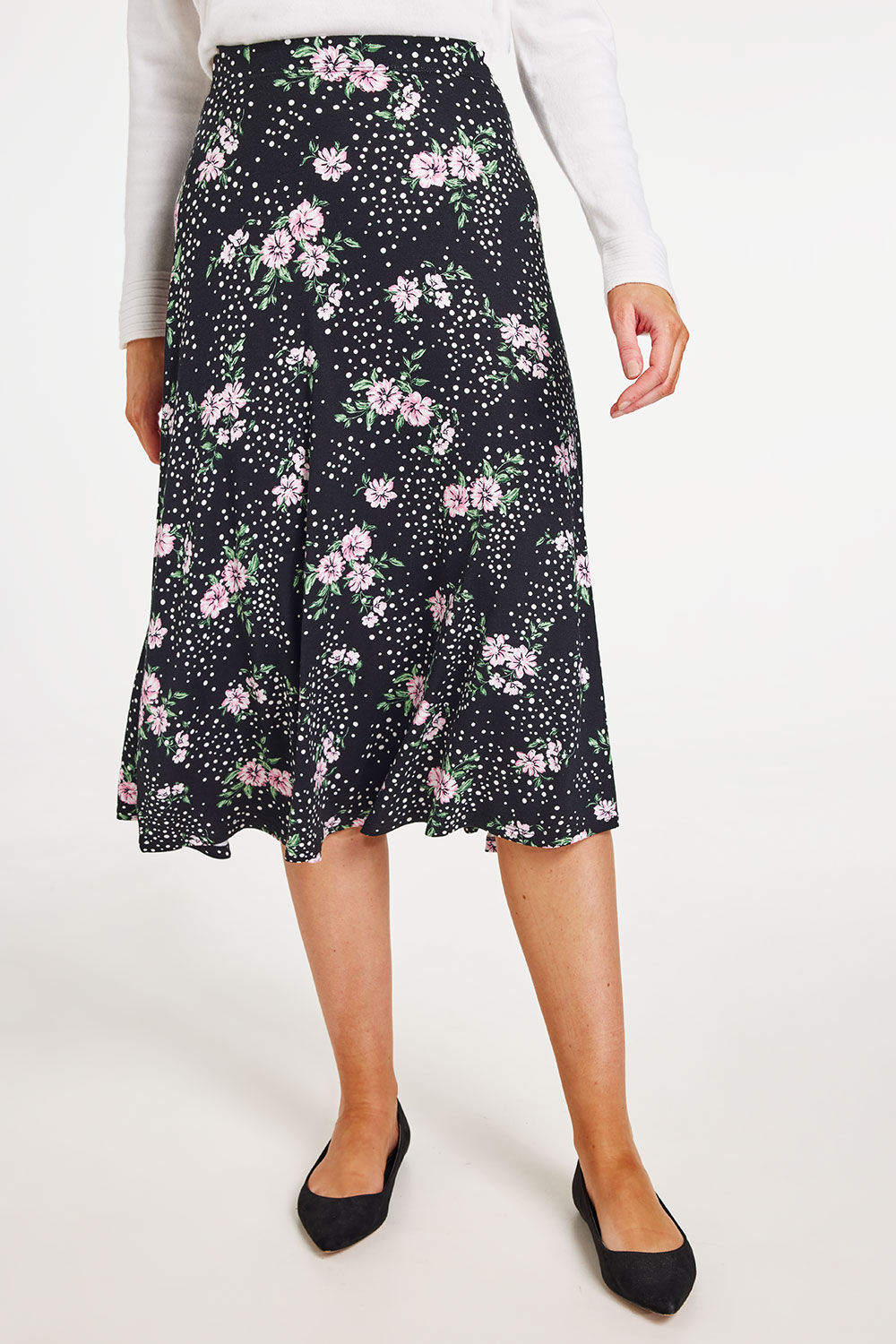 Bonmarche Black Floral and Spot Print Flippy Jersey Elasticated Skirt, Size: 12