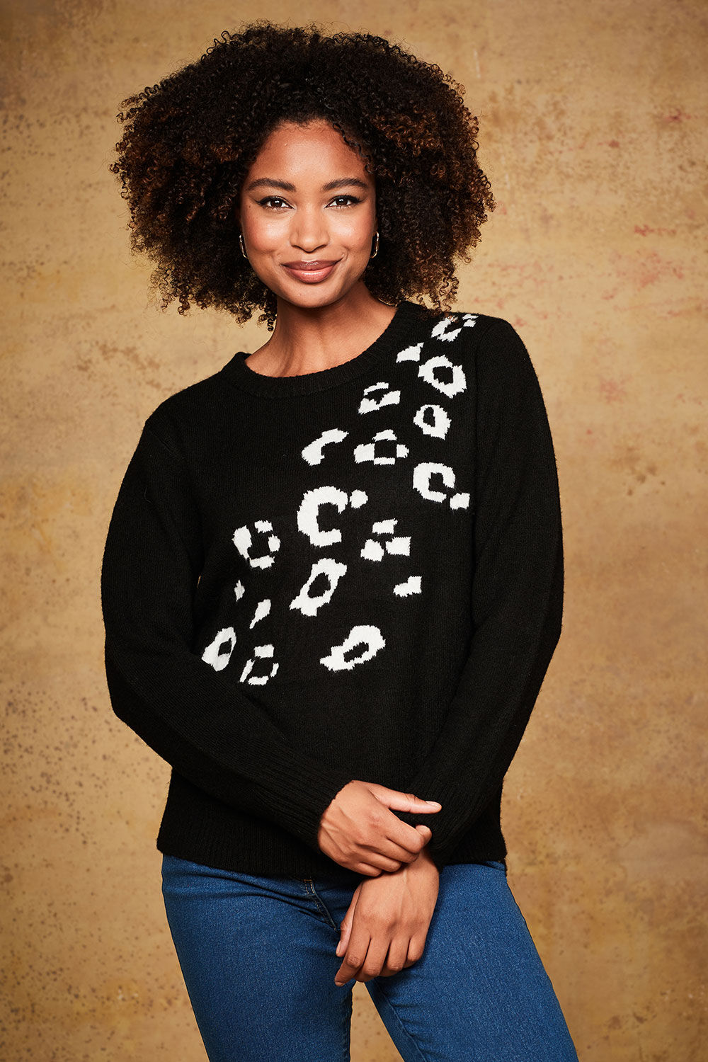 Bonmarche Black Animal Design Knitted Jumper, Size: 14