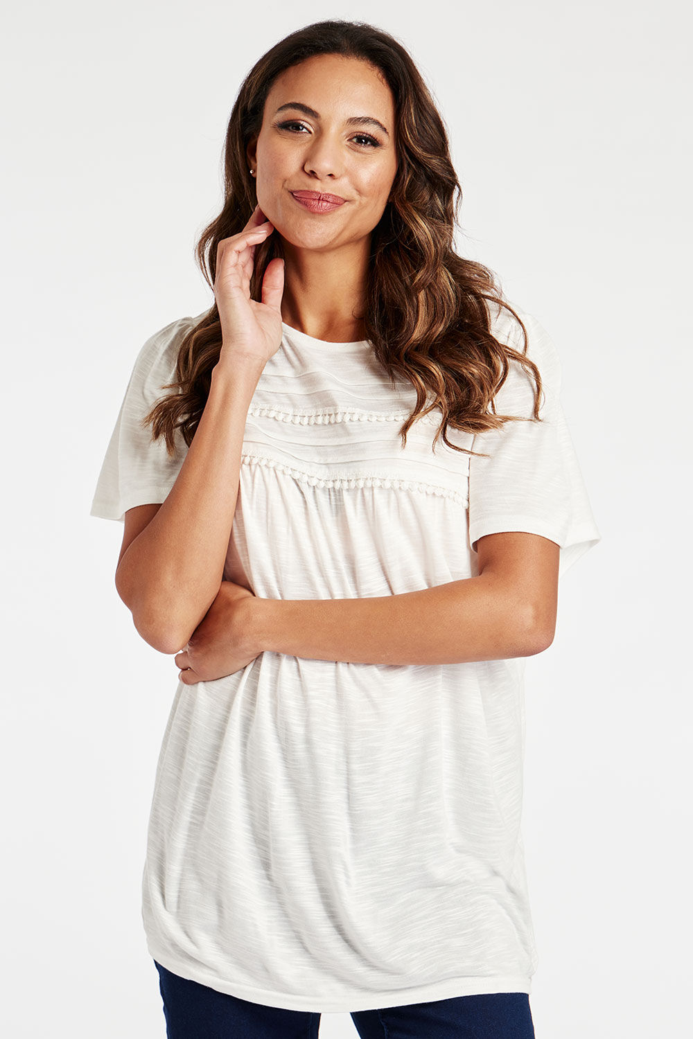 Bonmarche Ivory Short Sleeve Lace Trim T-Shirt, Size: 10