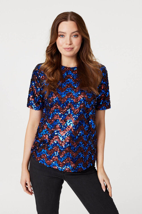 Sequin Short Sleeve Fitted Top | Izabel London