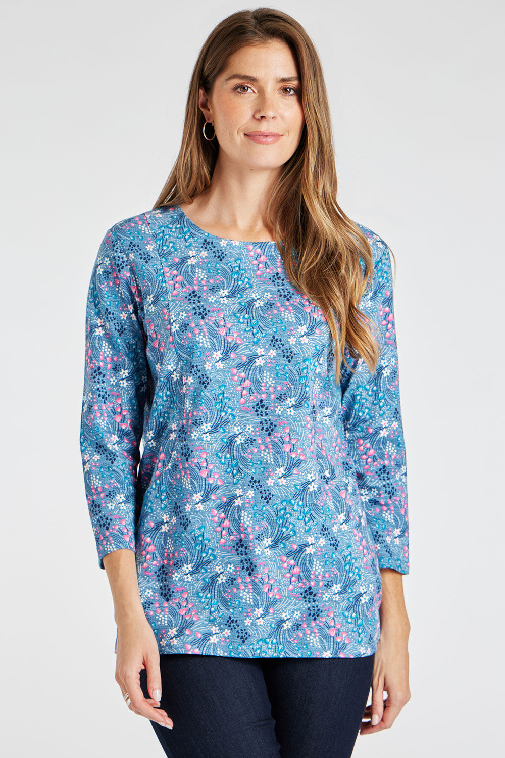 Bonmarche Blue 3/4 Sleeve Swirl Print Tunic With Pockets, Size: 12