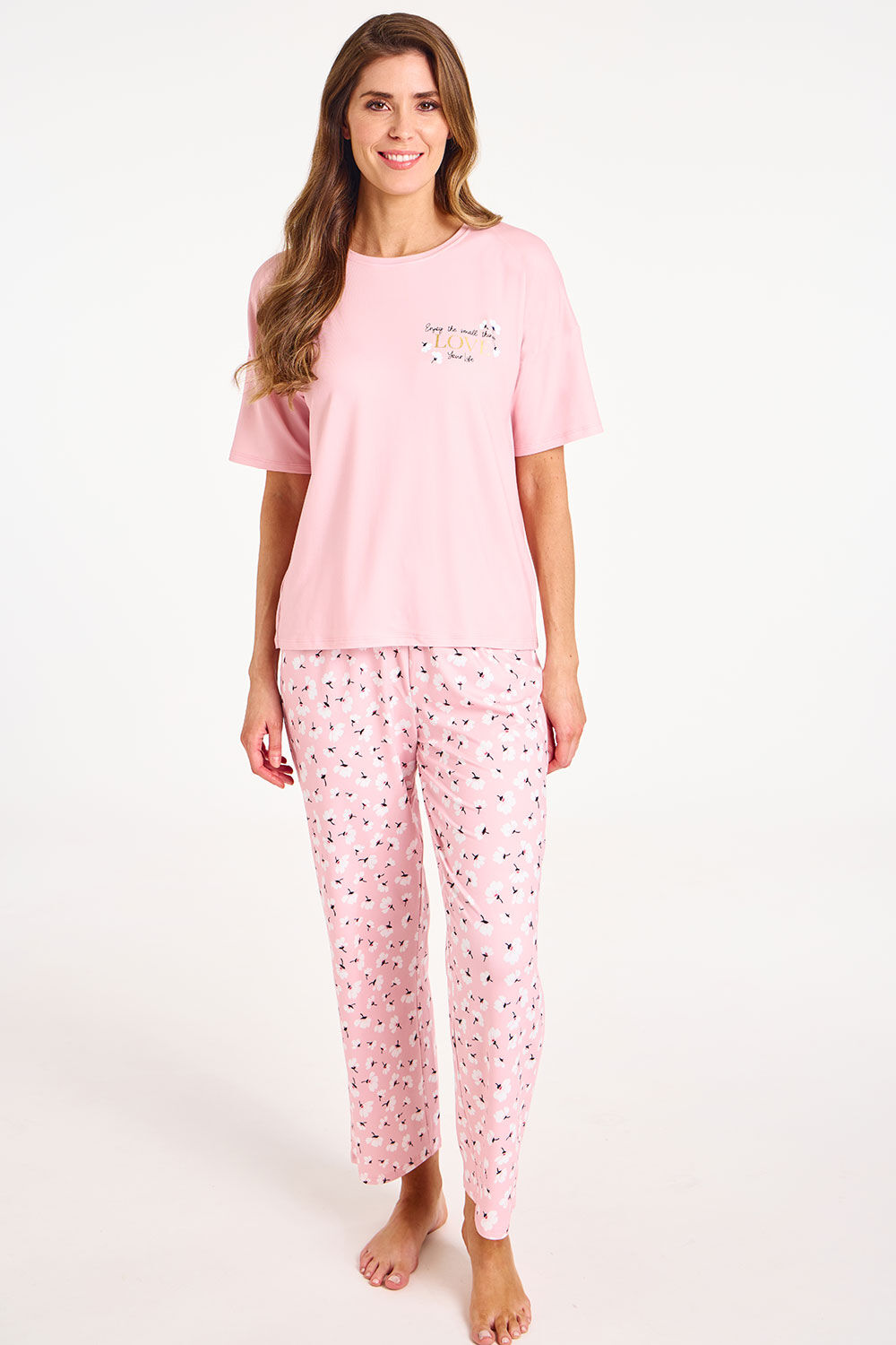 Bonmarche Short Sleeve Pink Floral Foil Print Pyjama Set, Size: 20-22