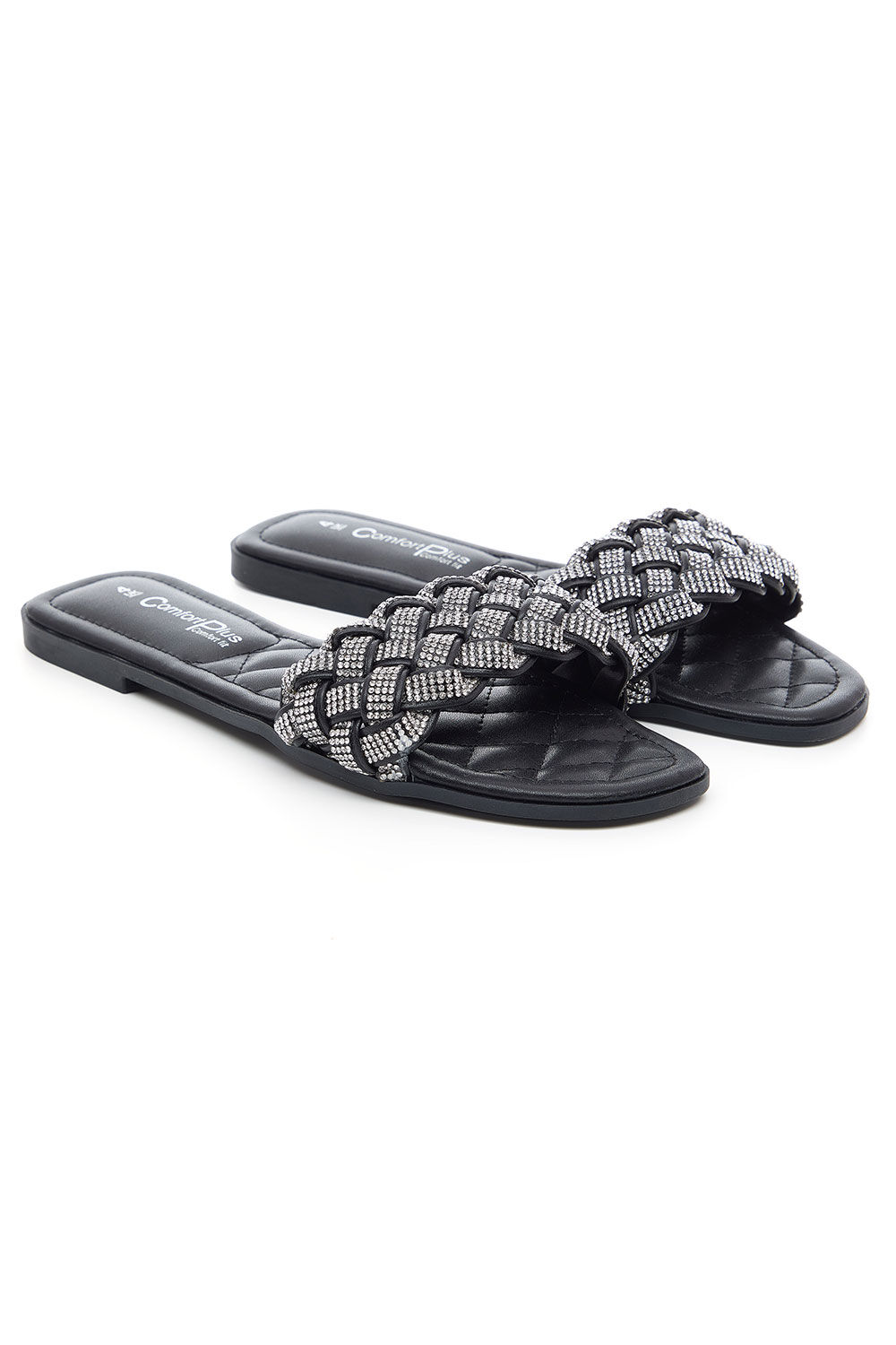 Comfort Plus Black - Diamante Weave Front Band Flat Sandals, Size: 4