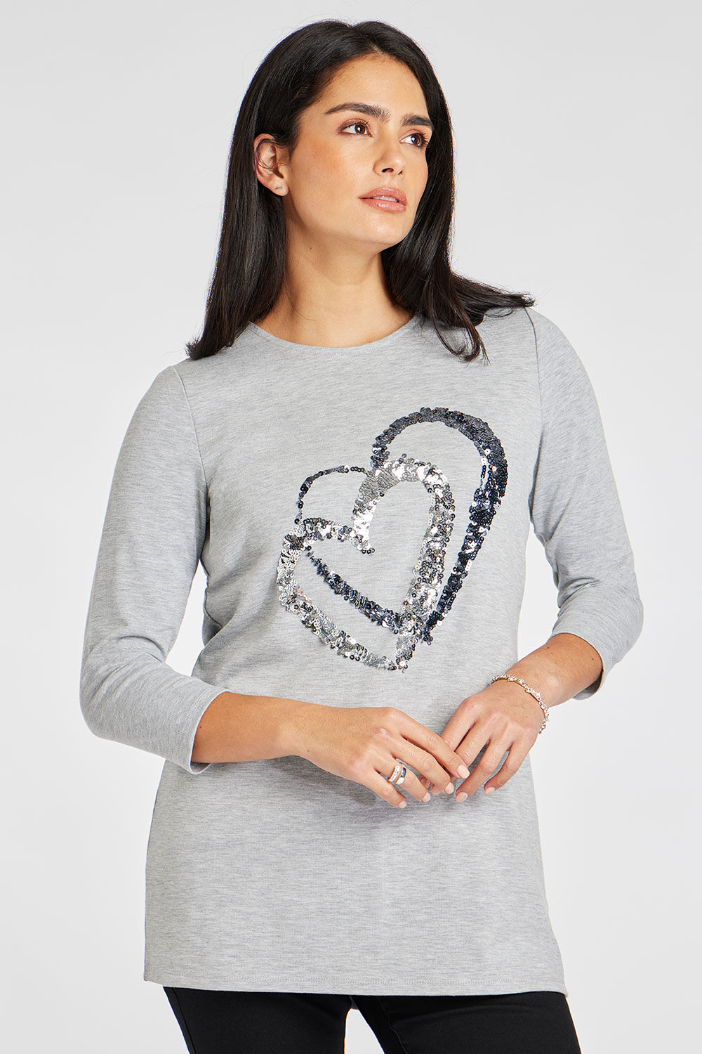 Bonmarche Grey 3/4 Sleeve Sequin Heart Design Tunic, Size: 22