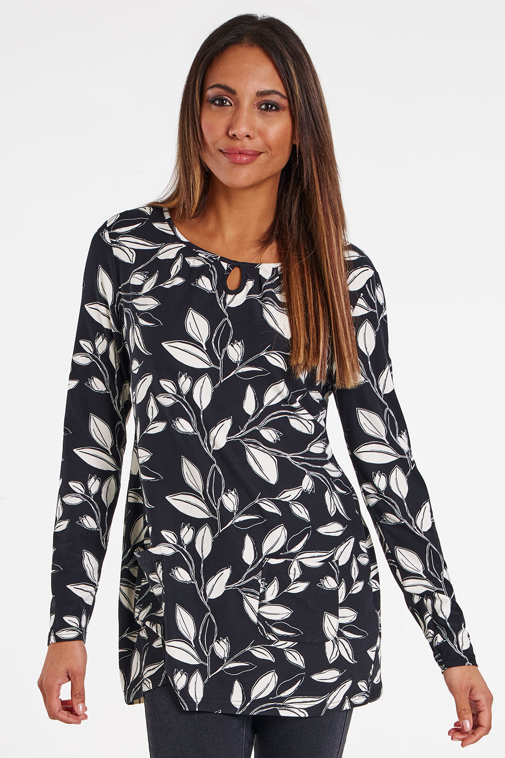 Bonmarche Black Long Sleeve Leaf Print Tunic With Pockets, Size: 12