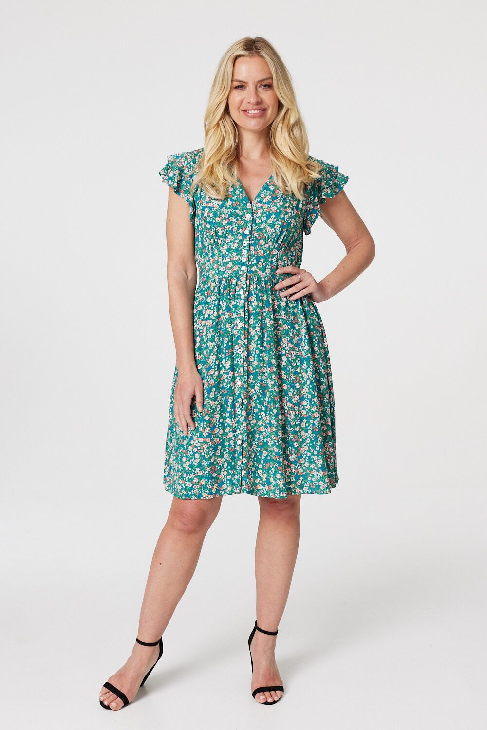 Izabel London Green - Floral Ruffle Sleeve Skater Dress, Size: 10