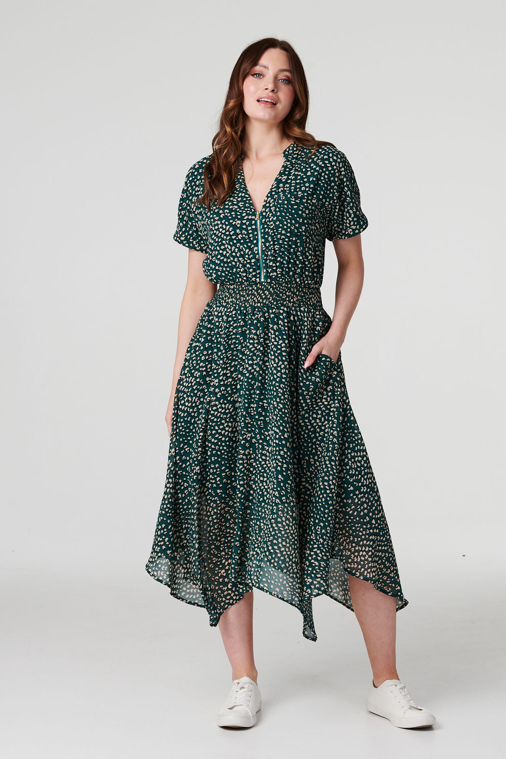 Izabel London Green - Printed Zip Front Hanky Hem Dress, Size: 14