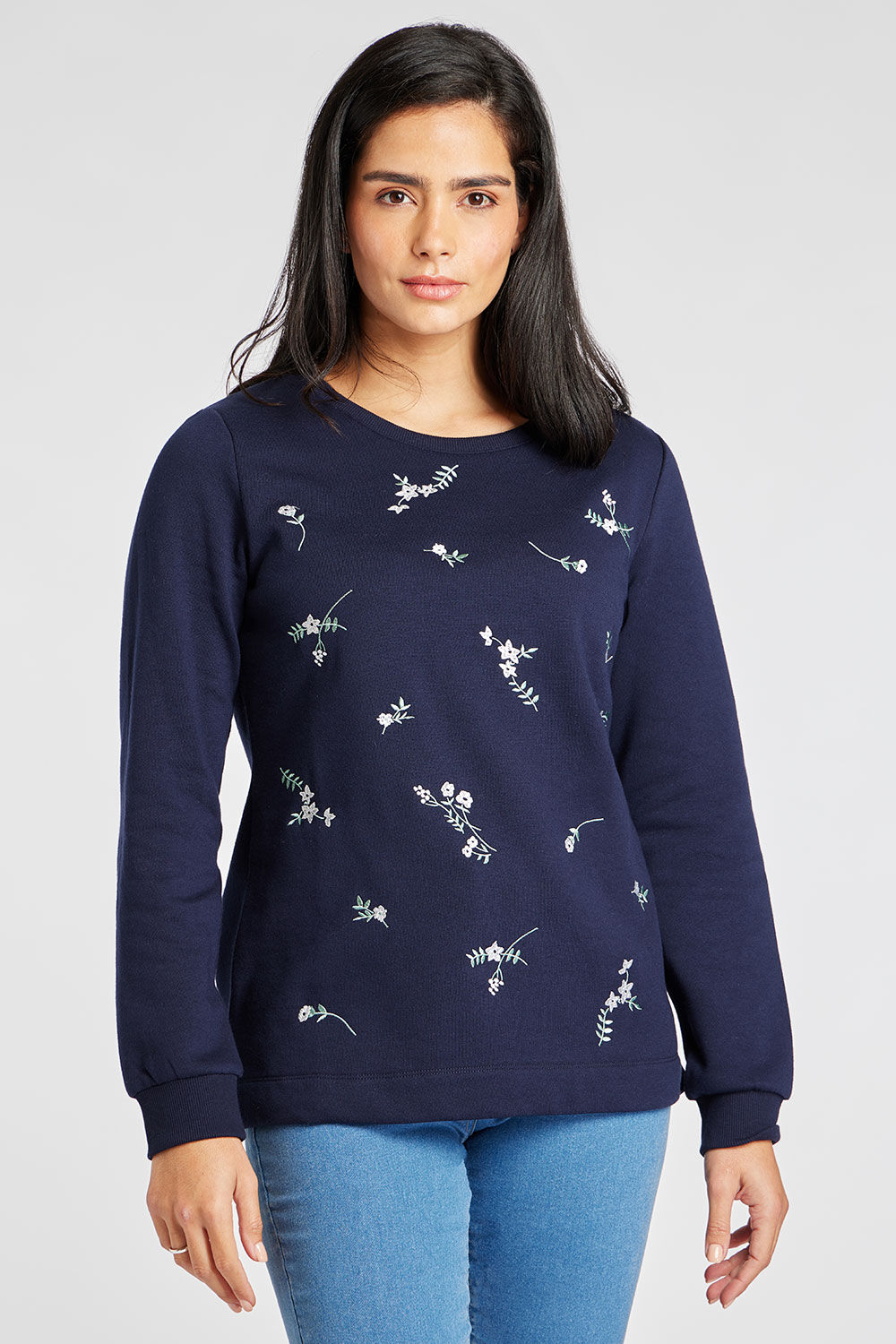 Bonmarche Navy Long Sleeve Embroidered Sprigs Sweatshirt, Size: 14