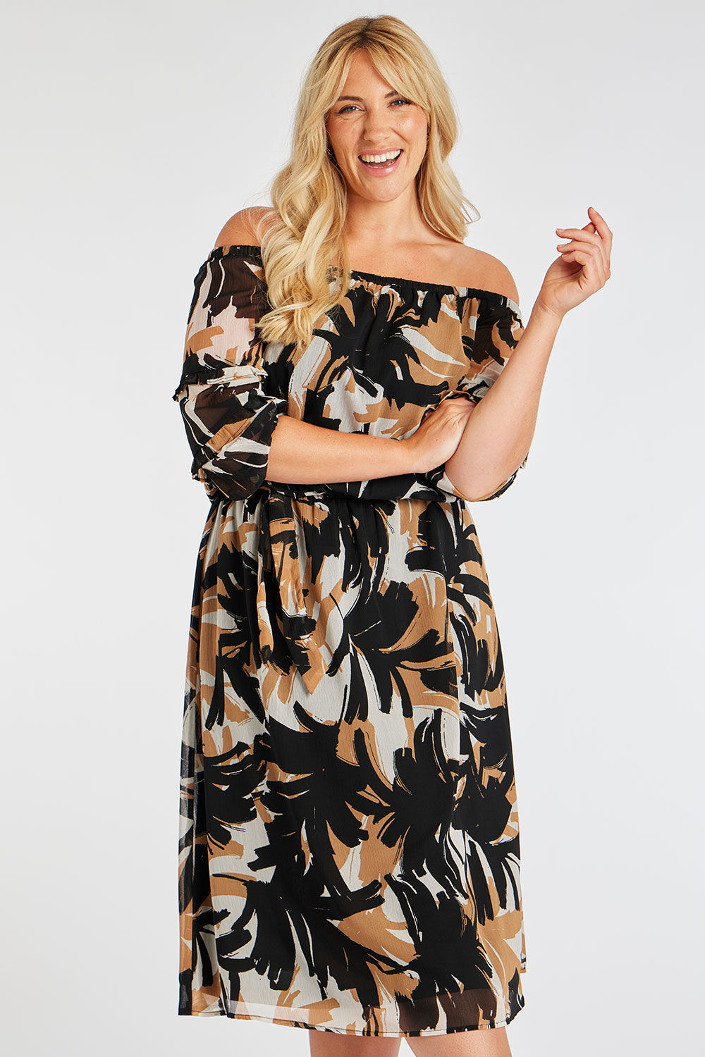 Bonmarche Black Abstract Print Bardot Dress With Ruffle Sleeves, Size: 14