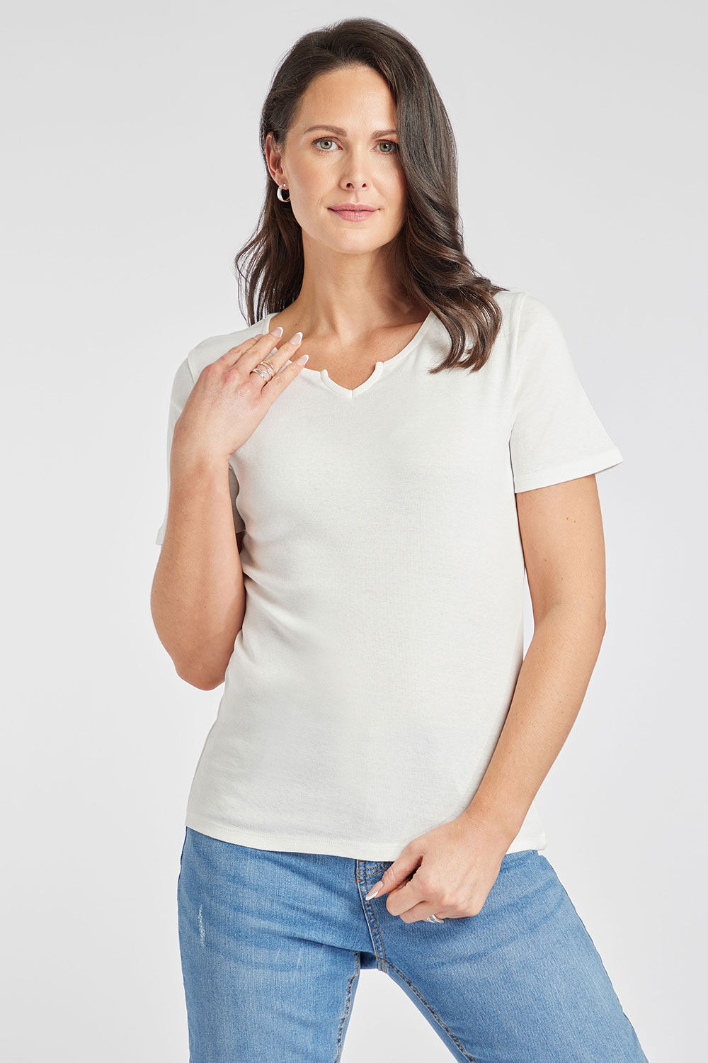 Bonmarche Ivory Short Sleeve Notch Plain T-Shirt, Size: 22