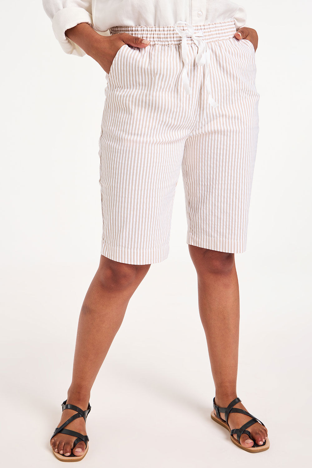 Bonmarche Stone Striped Elasticated Shorts, Size: 22