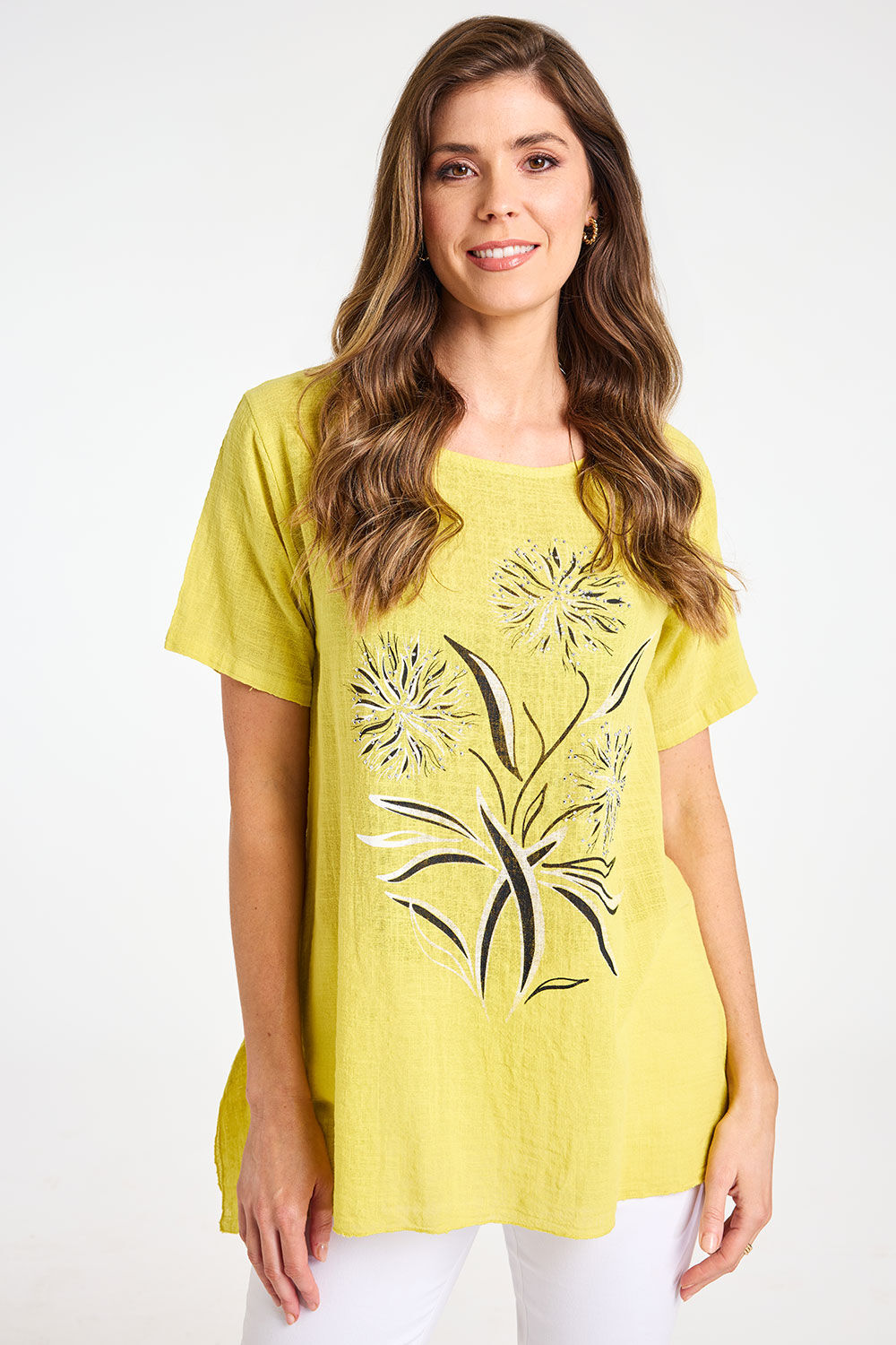 Bonmarche Lime Short Sleeve Dandelion Print Linen Look Tunic, Size: S - Summer Dresses