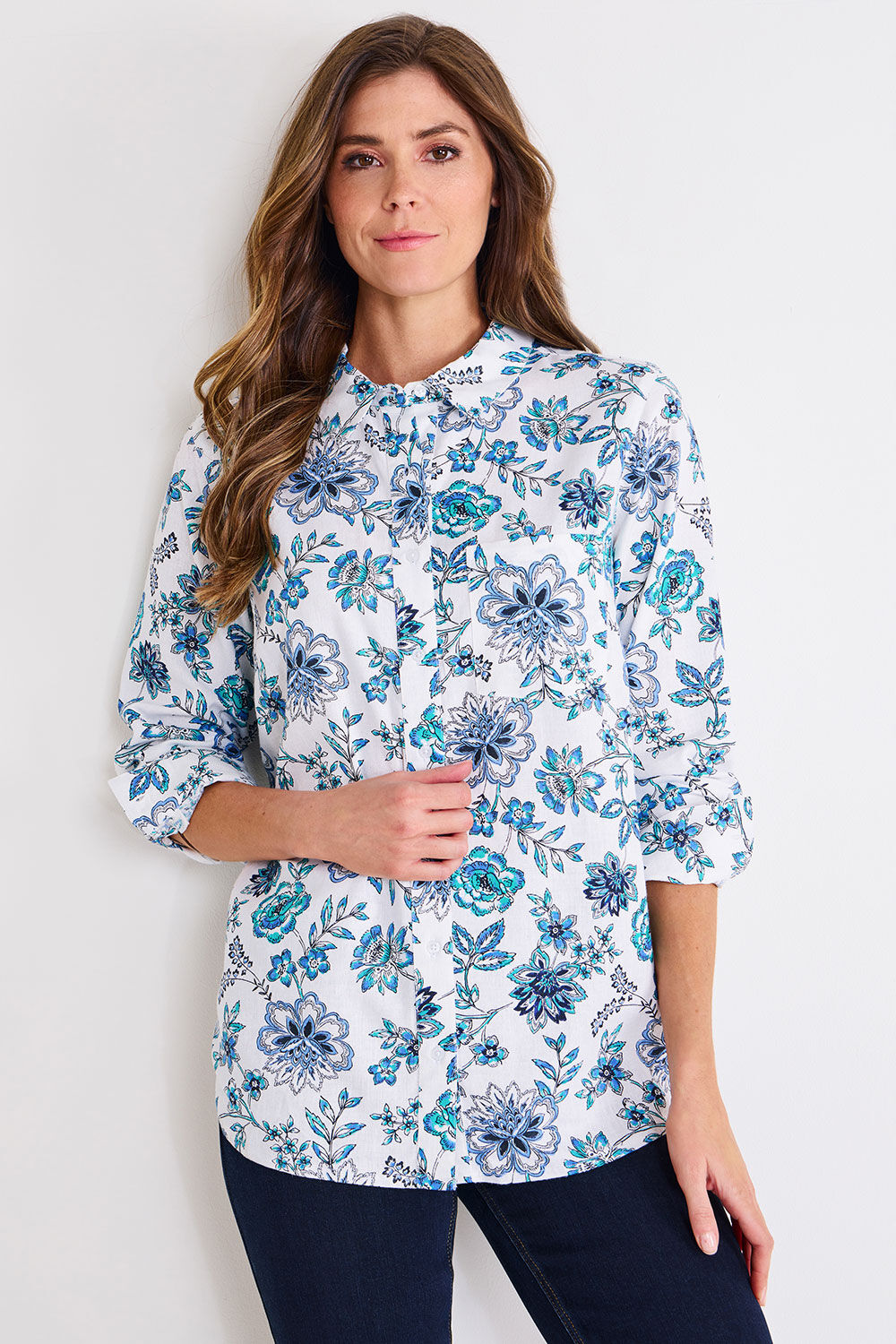 Bonmarche White Long Sleeve Paisley Floral Print Linen Blend Shirt, Size: 10