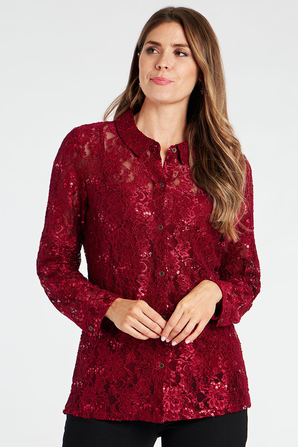 Bonmarche Burgundy Long Sleeve Sequin and Lace Button Through Shirt, Size: 10