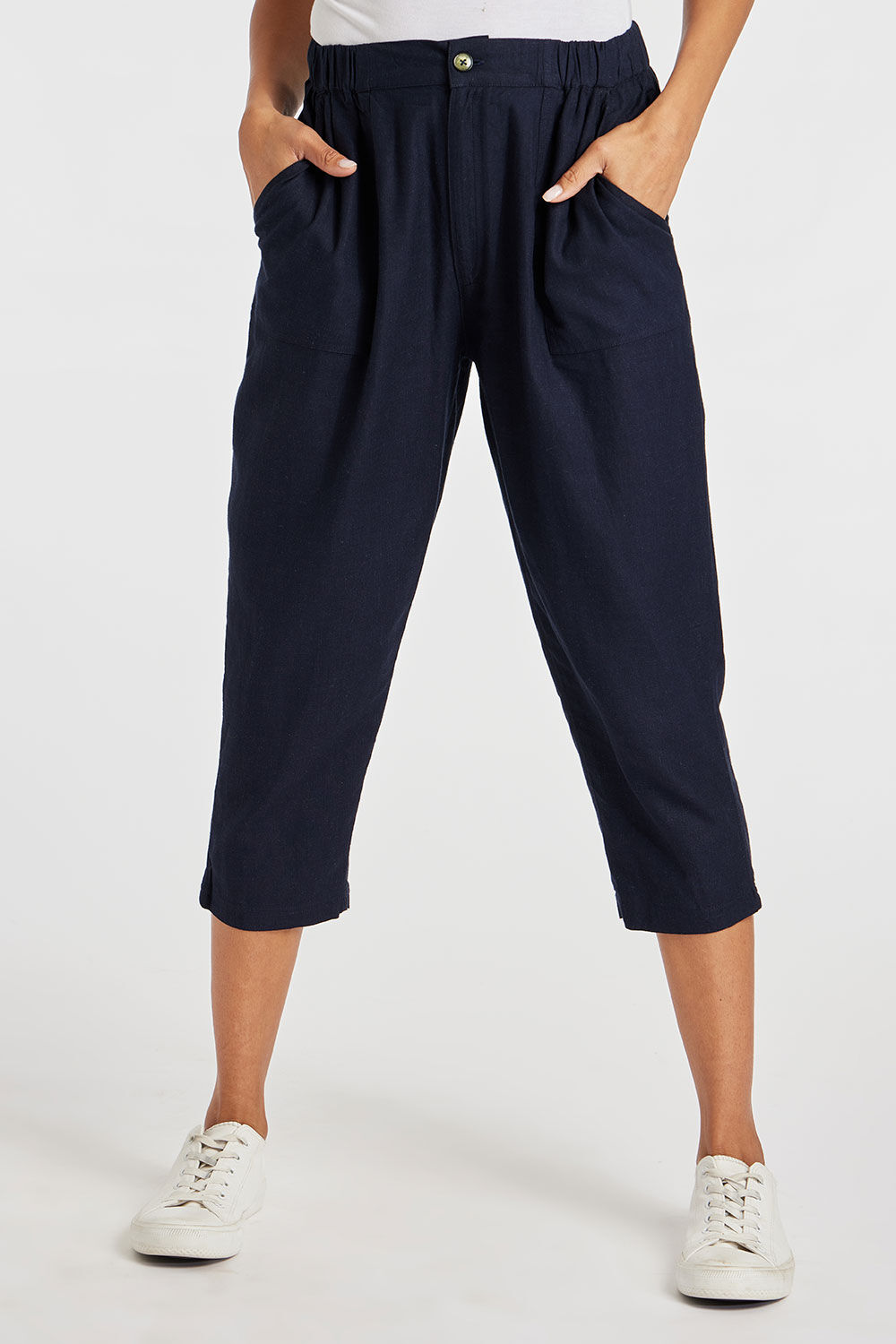 Bonmarche Navy Tapered Cropped Linen Trousers With Button Detail, Size: 10 - Summer Trousers
