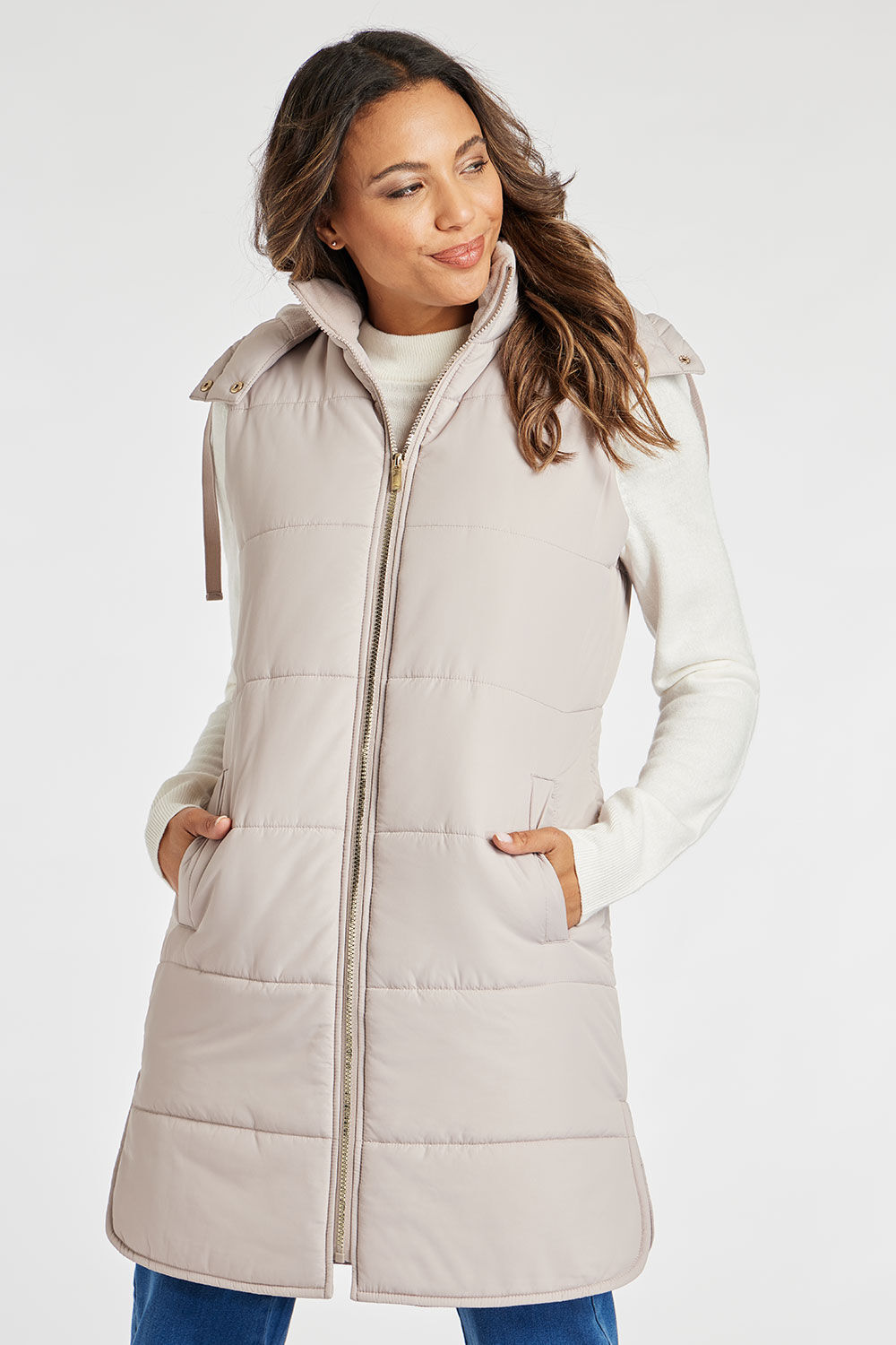 Bonmarche Oyster Fleece Detail Gilet With Removable Hood, Size: 10