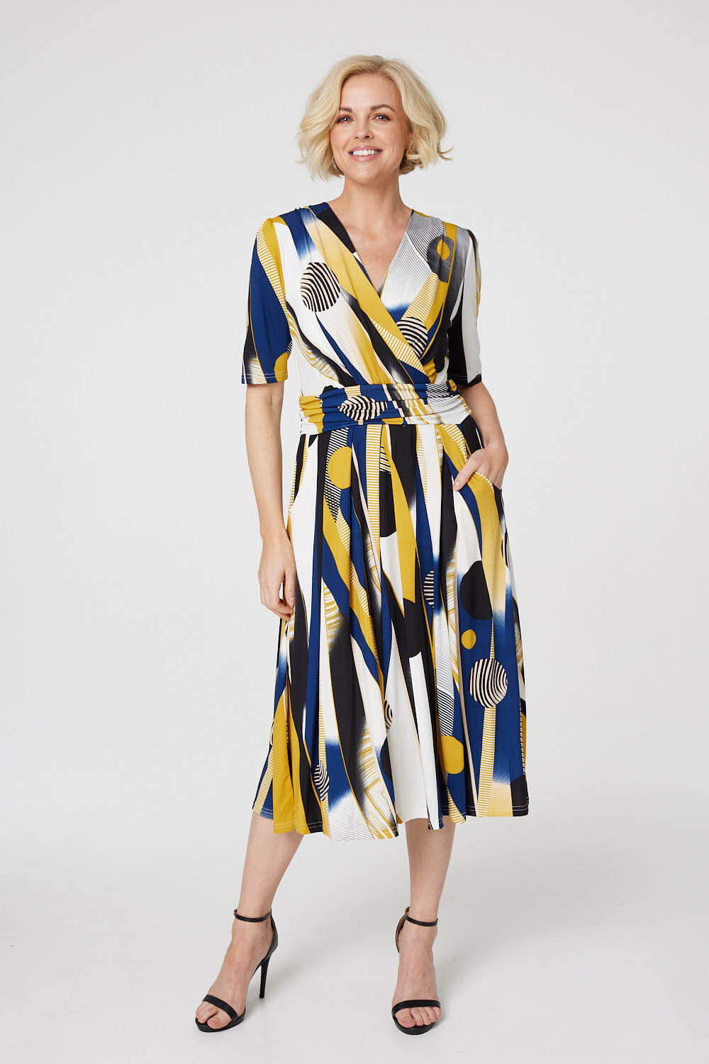 Izabel London Women’s Yellow and White Viscose Lightweight Printed Wrap Front Midi Dress, Size: 12