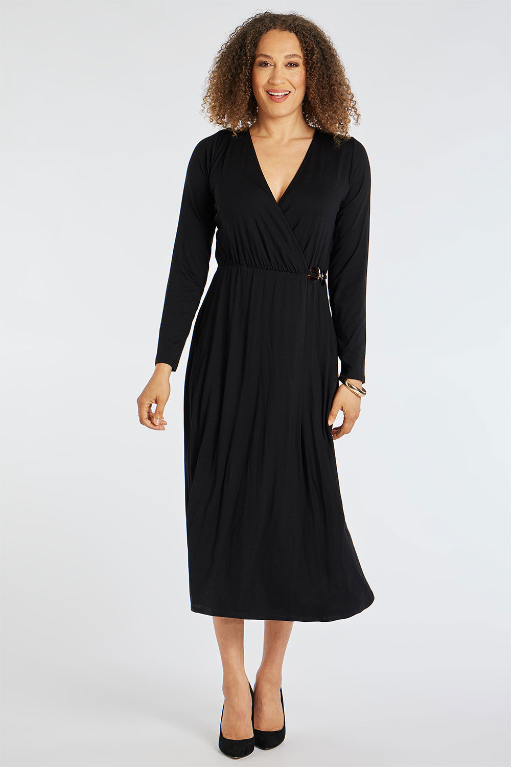 Bonmarche Women’s Black Plain Wrap Front Dress with Tortoise Shell Belt Detail, Size: 10