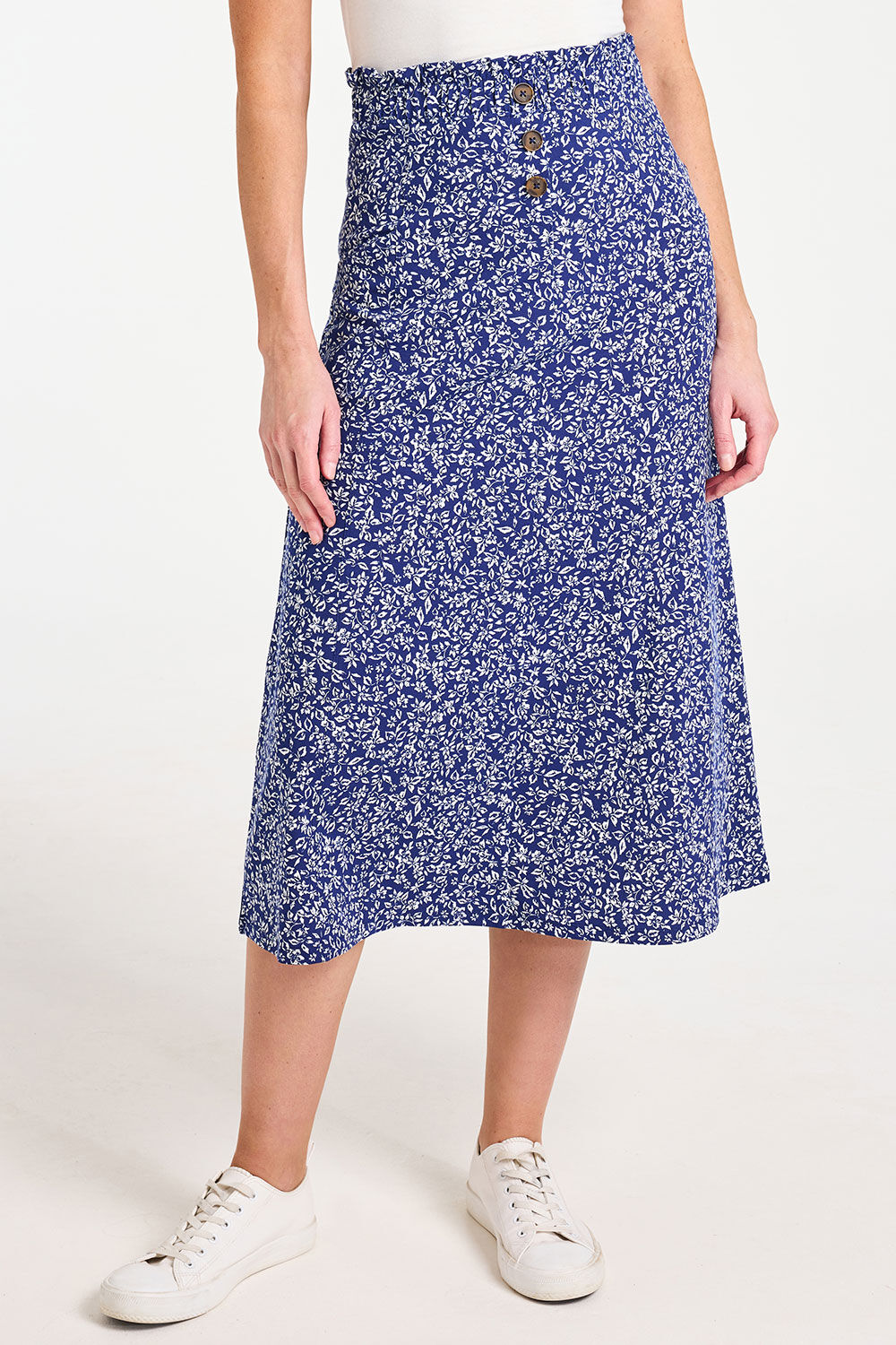 Bonmarche Navy Ditsy Print A-Line Elasticated Jersey Skirt With Pocket Detail, Size: 16