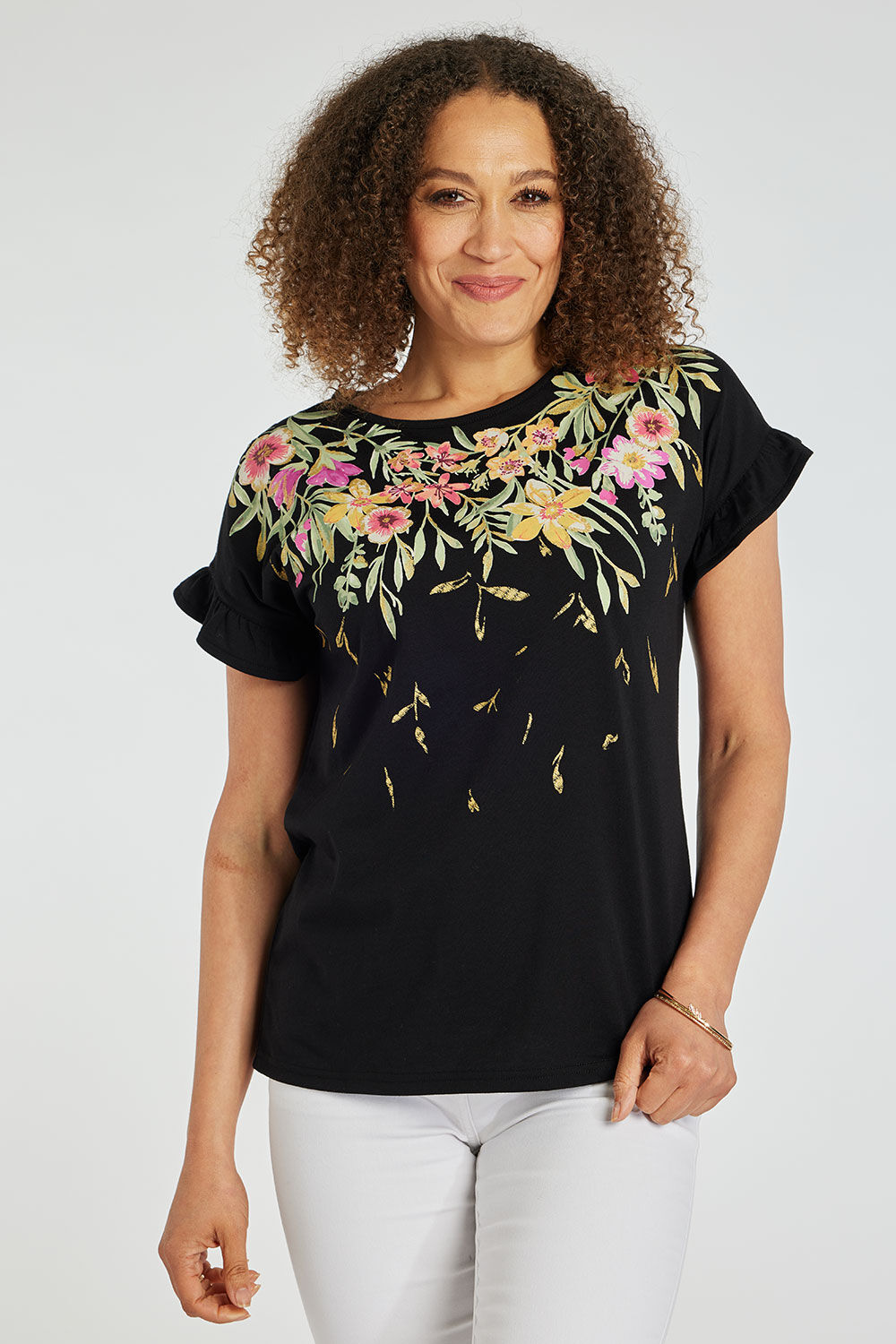 Bonmarche Black Short Sleeve Trailing Floral T-Shirt, Size: 10
