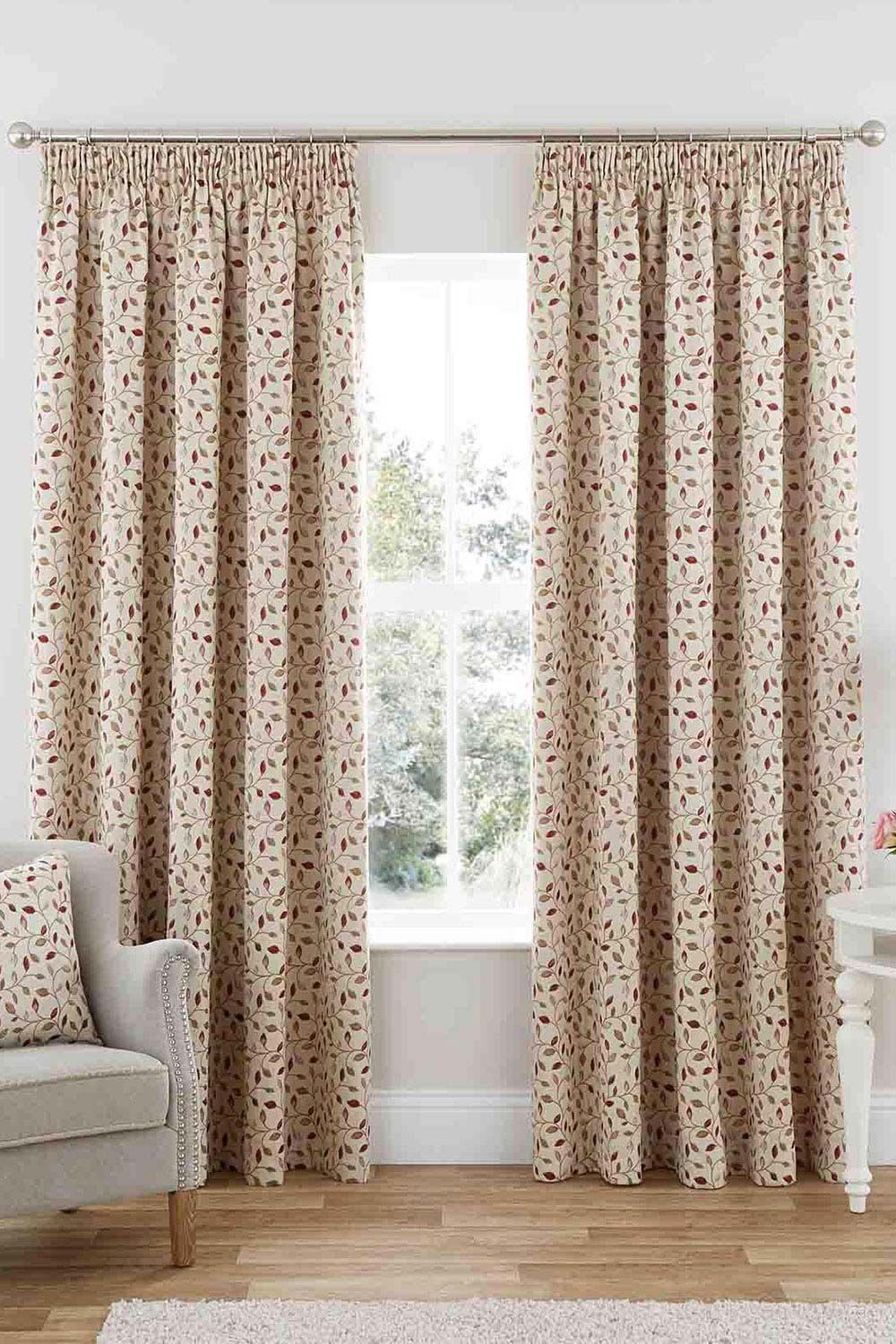 Bonmarche Red Sherbourne Jacquard Pencil Pleat Curtain Pair, Size: 90 Inch