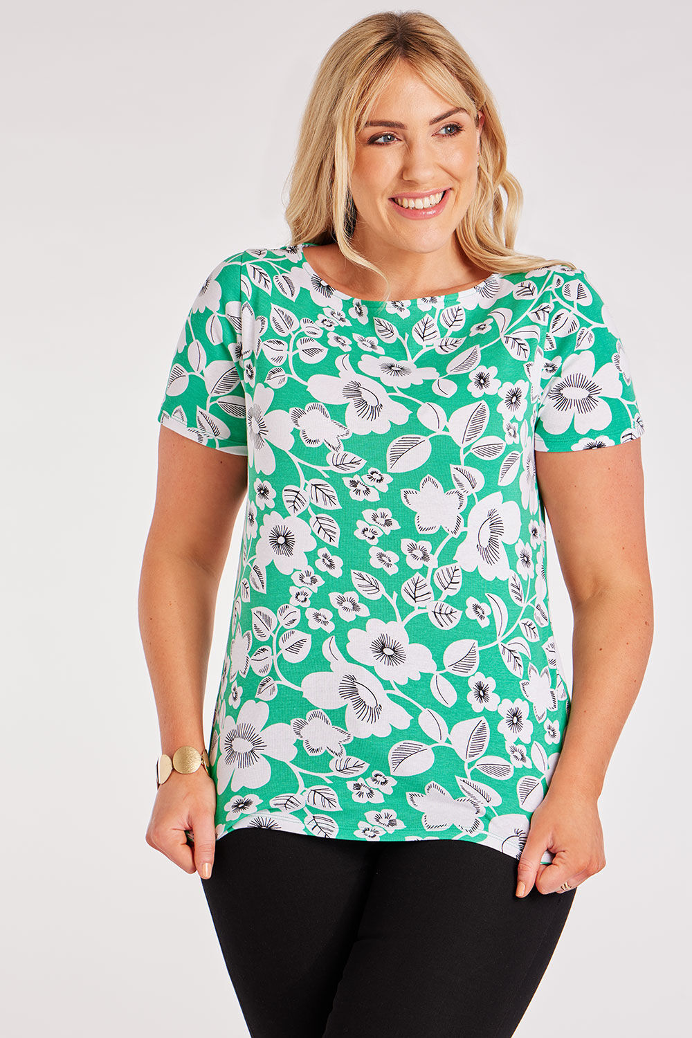 Bonmarche Women’s Green Cotton Floral Stylish Short Sleeve Retro Boat Neck T-Shirt, Size: 12 - Summer Dresses