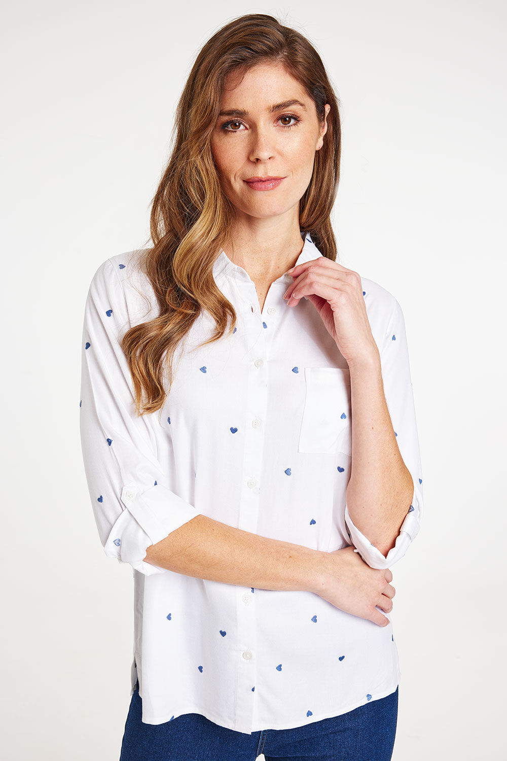 Bonmarche White Long Sleeve Button Through Embroidered Heart Shirt, Size: 26