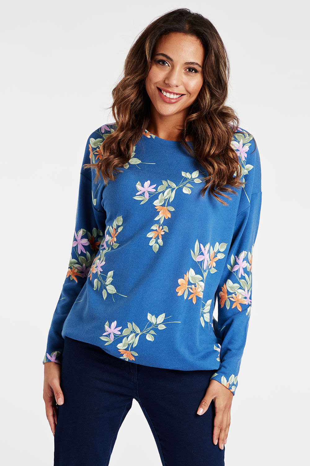 Bonmarche Navy Long Sleeve All Over Floral Print Soft Touch Top, Size: 20