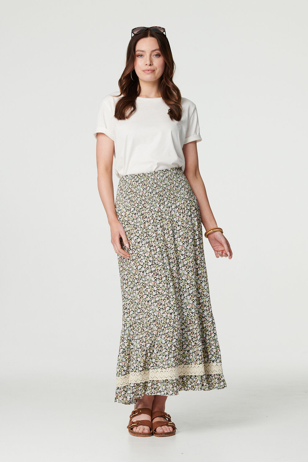 Izabel London Green - Ditsy Floral Lace Trim Maxi Skirt, Size: 16