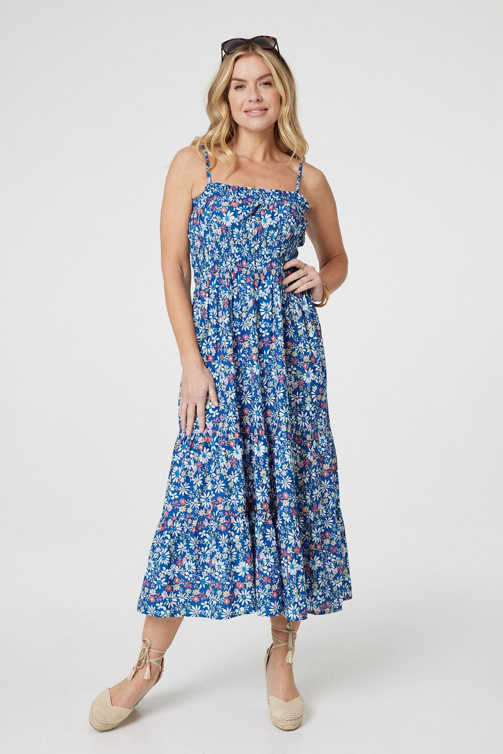 Izabel London Blue - Floral Sleeveless Midi Sun Dress, Size: 18