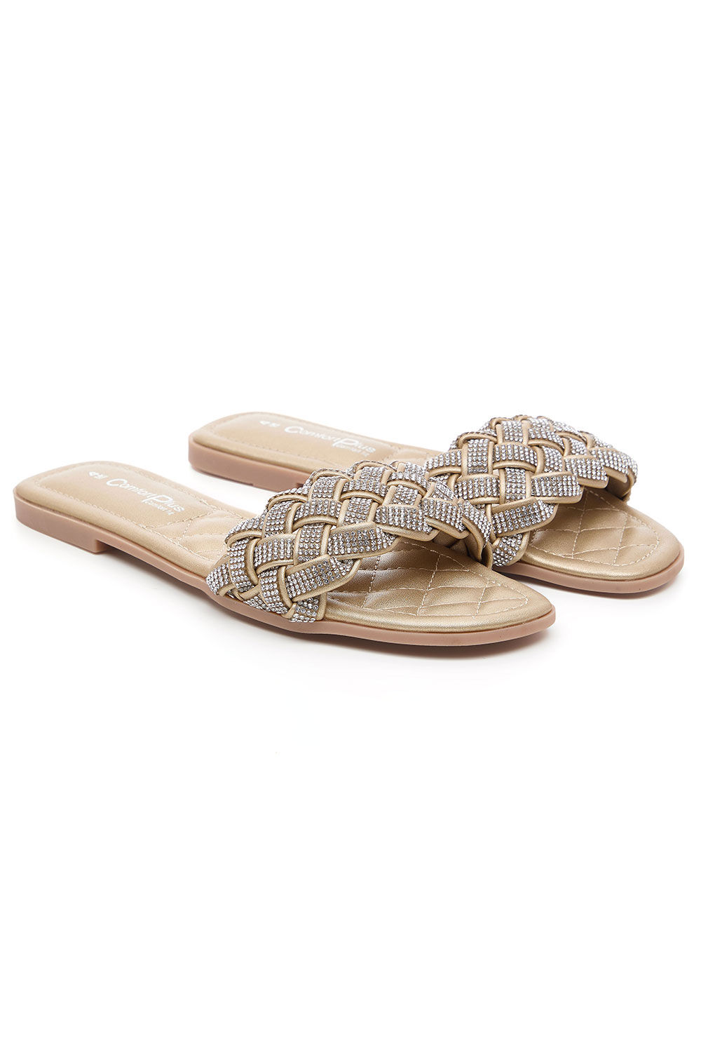 Comfort Plus Bronze - Diamante Weave Front Band Flat Sandals, Size: 3