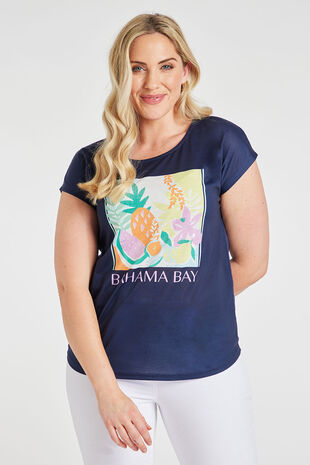 LUCKY BRAND Official Women's Blue Pineapple Graphic T-Shirt Top