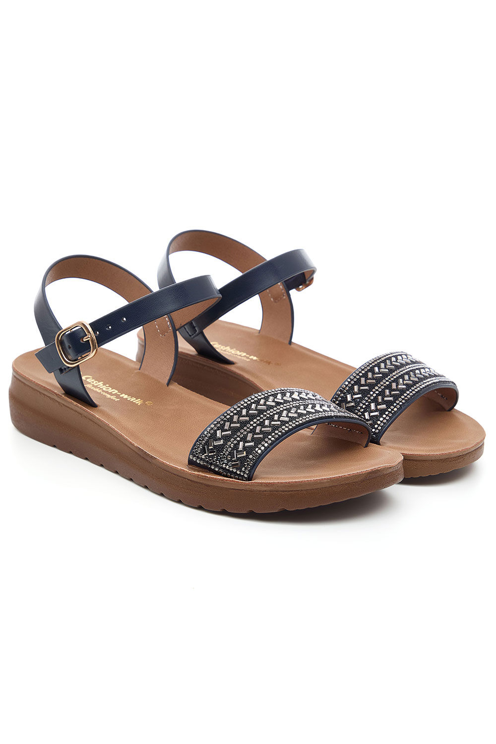 Bonmarche Navy Diamante Strap Flat Sandals With Ankle Buckle Detail, Size: 4 - Summer Dresses