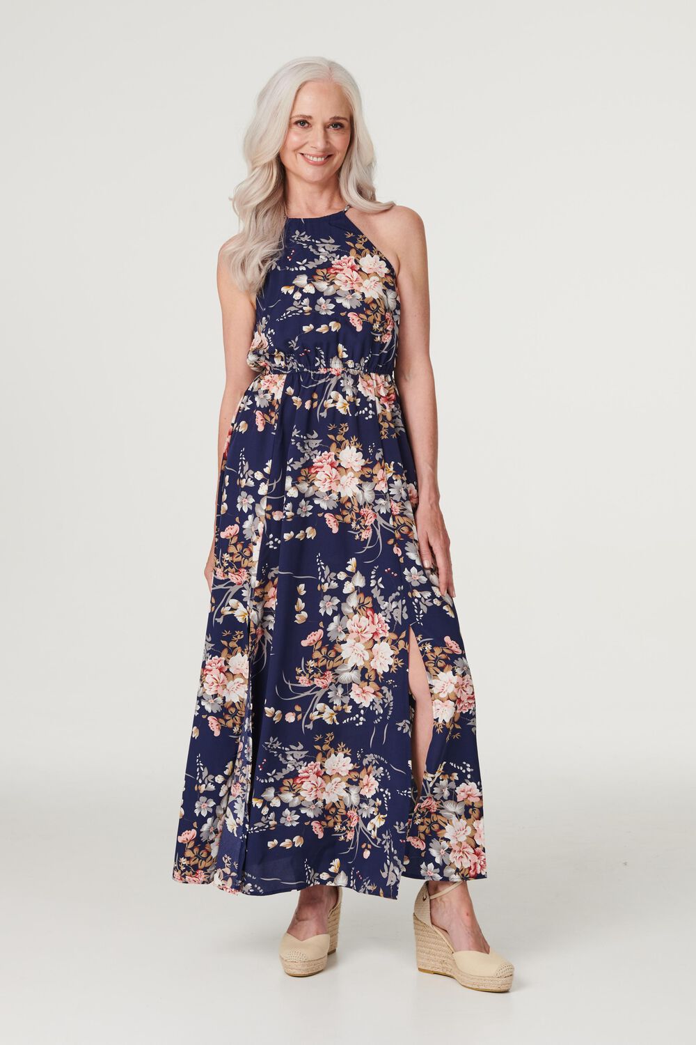 Izabel London Navy - Floral Halter Neck Maxi Dress, Size: 14