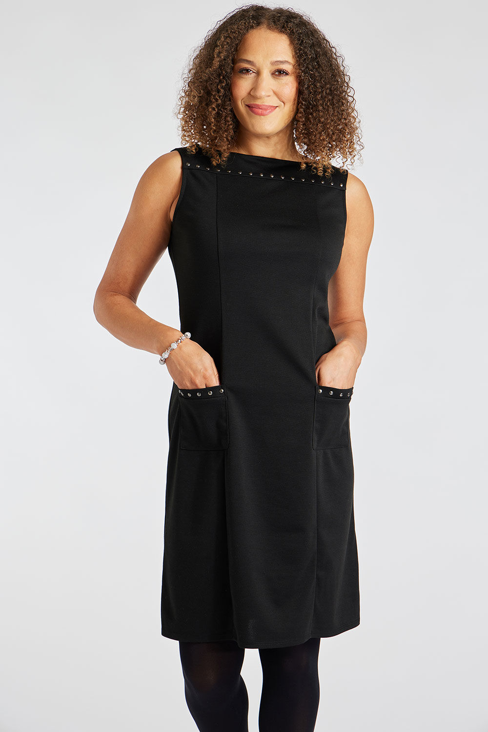 Bonmarche Black Sleeveless Plain Ponte Dress With Stud Detail, Size: 28