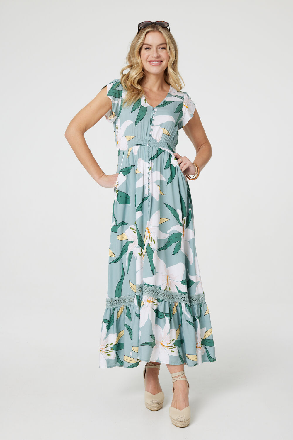 Izabel London Green - Lilly Print Lace Trim Maxi Dress, Size: 14