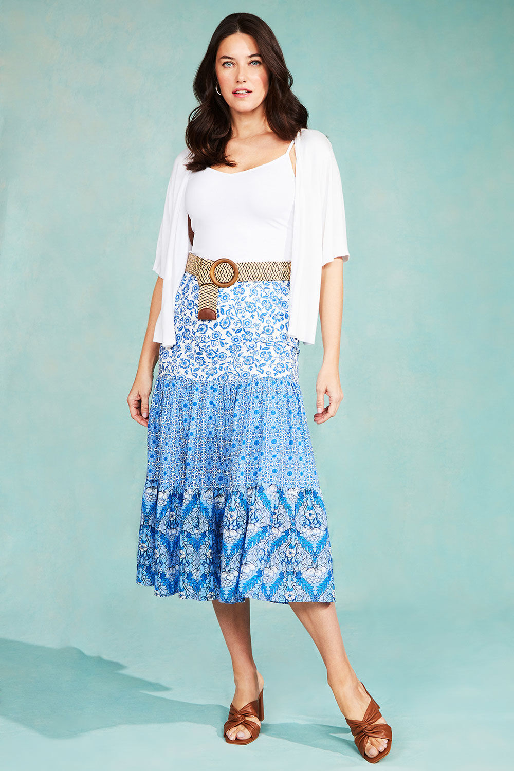 Bonmarche Blue Tile Print Tiered Cotton Elasticated Skirt, Size: 10