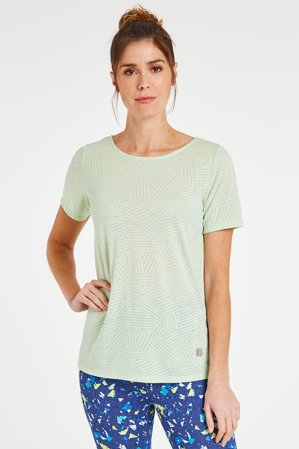 DASH Women’s Light Green Short Sleeve Burnout Print Criss Cross Back T-Shirt, Size: 26
