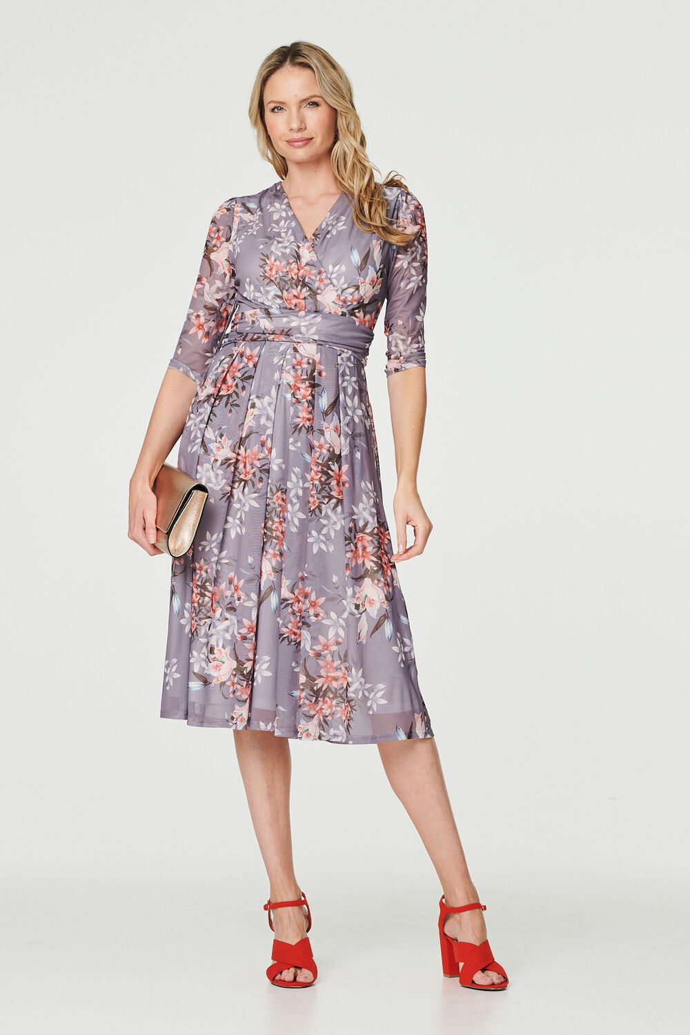 Izabel London Grey - Floral Layered V-Neck Midi Dress, Size: 18