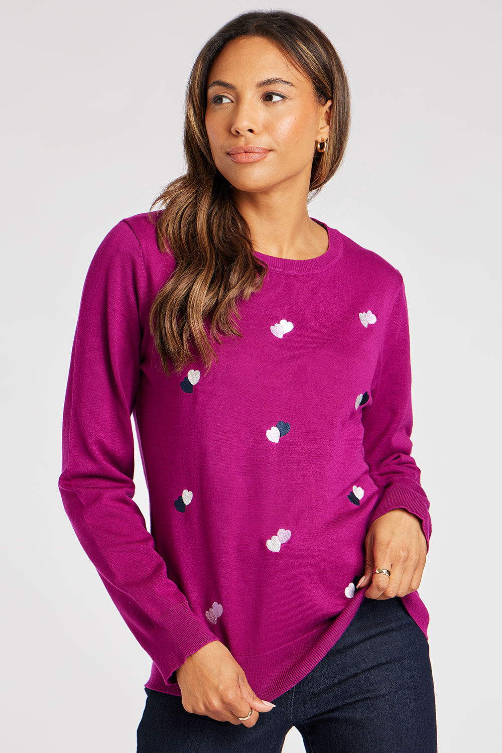 Bonmarche Magenta All Over Embroidered Heart Jumper, Size: 10